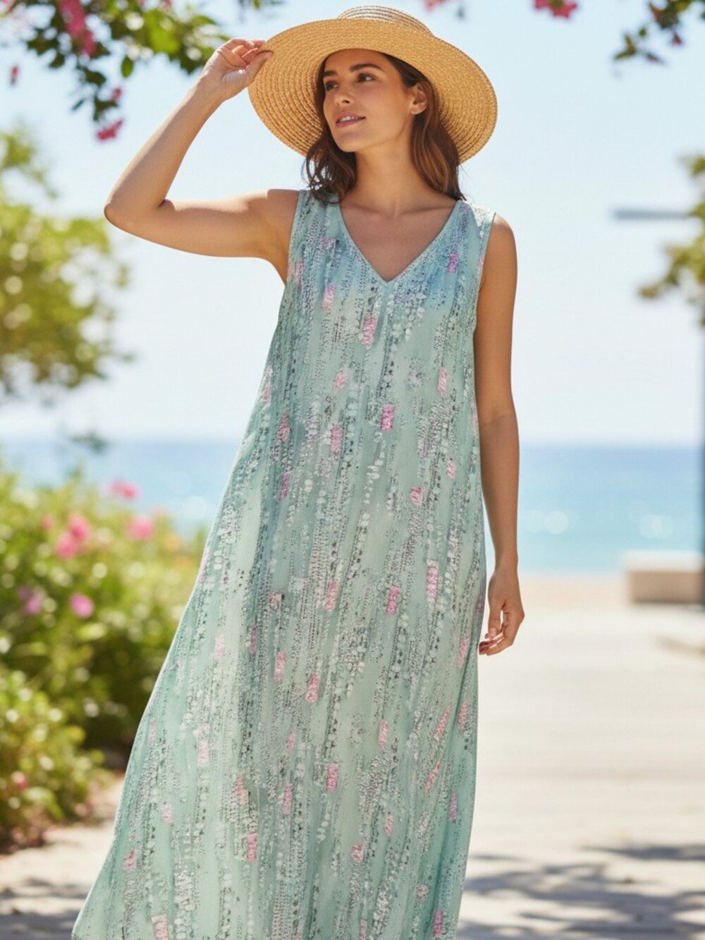 Tomato Girl Maxi Summer Dress Women's XL Green Sleeveless V Neck Pockets Rayon